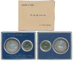 1970 Uncirculated Set, Food For All, set of 2, 20 Paise and Rupees 10. In immaculate condi