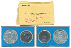 1975 Uncirculated Set, Equality Development and Peace, set of 2, Rupees 10 and 50. Slight 