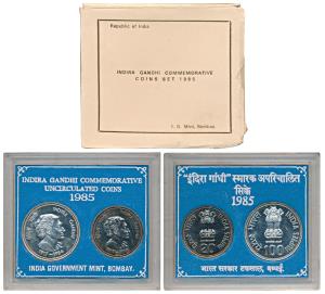 1985 Uncirculated Set, Death of Indira Gandhi, set of 2, Rupees 20 and 100. The outer box 