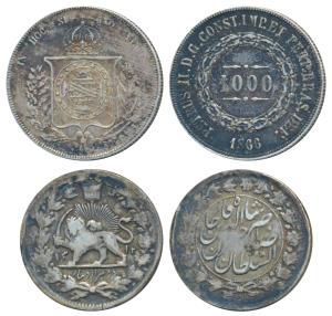 Iran, Silver 2000 Dinars, 9.44g, 1312; Brazil, Silver 1000 Reis, 12.65g, Pedro II, 1886 (K