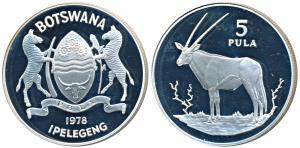 Botswana, Silver 5 Pula, 28.50g, 1978, Gemsbok (KM 11a). Proof.