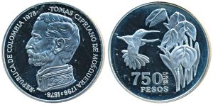 Colombia, Silver 750 Pesos, 35g, 1978, Hummingbird (KM 265). Proof.