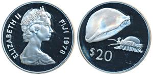Fiji, Elizabeth II, Silver 20 Dollars, 35g, 1978, Golden cowrie (KM 42a). Proof.