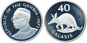 Gambia, President Sir Dawda Jawara, Silver 40 Dalasis, 35.29g, 1977, Aardvark (a burrowing
