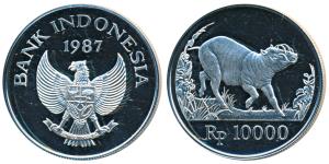 Indonesia, Silver, 19.43g, 10000 Rupiah, 1987, Babi rusa (wild pig) (KM 45). Proof.