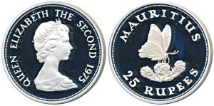 Mauritius, Queen Elizabeth II, Silver 25 Rupees, 28.28g, 1975, Blue Swallowtail (KM 40a). 