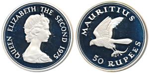 Mauritius, Queen Elizabeth II, Silver 50 Rupees, 35g, 1975, Mauritius Kestrel in flight (K
