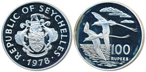 Republic of Seychelles, Silver 100 Rupees, 31.65g, 1978, Two white-tailed Tropic birds fly