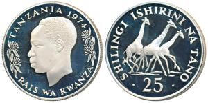 Tanzania, President J.K. Nyerere, Silver 25 Shilingi, 28.28g, 1974, Giraffes (KM 7a). Proo