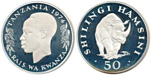 Tanzania, President J.K. Nyerere, Silver 50 Shilingi, 35g, 1974, Black Rhinoceros (KM 8a).