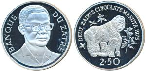 Zaire, Silver 2 ½ Zaires, 28.28g, 1975, mountain gorillas (KM 9). Proof.