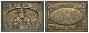 500th Anniversary of Discovery of India, Very Large Rectangle Bronze Plaque, obv. Vasco Da