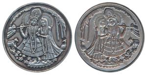 Silver, 4g, obv. Radha Krishna standing under foliage surrounded by peacock and cattle. Re