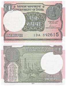 Rupee 1, 2017, signed Shaktikanta Das, Error, inverted Ashoka column watermark. Crisp, Unc