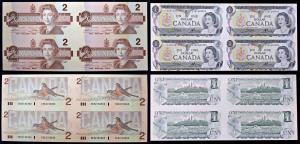 Canada, Queen Elizabeth II, Uncut Dollar Sheet of 4 notes, $1, 1973 and $2, 1986, each she