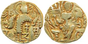 Kidara Kushanas, Gold Dinar, 7.89g, obv. king standing right with trident and banner, fire