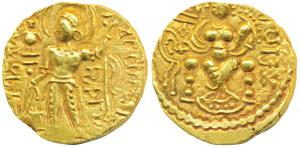 Guptas, Samudragupta (c. 335-380 AD), Gold Dinar, 7.60g, ‘Standard’ type, obv. king nimbat