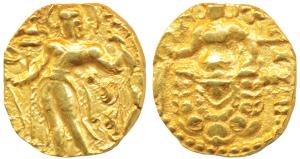 Guptas, Chandragupta II, Gold Dinar, 8.15g, ‘Archer’ type, obv. king nimbate, standing lef
