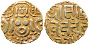 Gahadavalas of Kanauj, Govinda Chandradeva (1114-1154 AD), Gold Dinara, 4.3g, obv. Goddess
