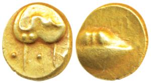 Anonymous, Hudki Gold ½ Pagoda, 1.64g, obv. a boat like uncertain symbol, with Persian leg