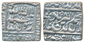 Akbar, Silver Square Rupee, 11.19g, Dar us-Sultanate Fathpur Mint, AH 986, Kalima type (KM