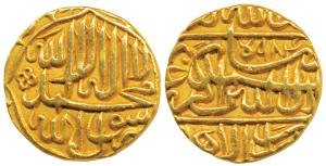 Akbar, Gold Mohur, 10.80g, Dar us-Sultanate Lahore Mint, AH 984, Kalima on obv., near comp