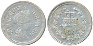 Sayaji Rao III, Silver 4 Annas or ¼ Rupee, 2.85g, Broad flan, VS 1949 (KM Y34). Very Fine+