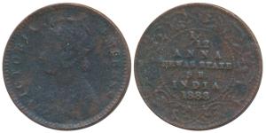 Krishnaji Rao (1860-1899 AD), Copper 1/12 Anna, with the name and portrait of Victoria, 18