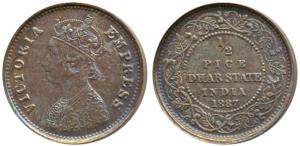 Anand Rao III, Copper ½ Pice, Calcutta Mint, with the name and portrait of Victoria, 1887 