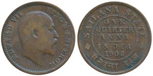 Jaswant Singh (1890-1918 AD), Copper ¼ Anna, with the name and portrait of Edward, 1908 (P