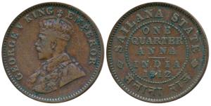 Jaswant Singh, Copper ¼ Anna, 4.6g, with the name and portrait of George V, 1912 (KM 16).V