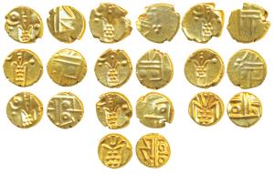 Gold Fanams (10), obv. Kali, rev. the Rangarau legend transformed into a geometrical desig