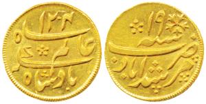 Murshidabad Mint, Gold ¼ Mohur, 3.09g, in the name of Shah Alam II, AH 1204/19, oblique mi