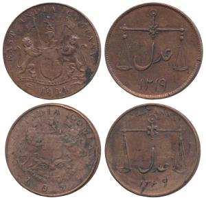Copper 2 Pice, 1804; Copper ½ Anna, 1834, obv. coat of arms of the EIC and date below, rev