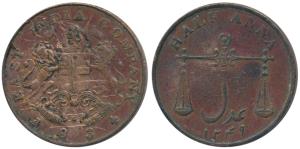Copper ½ Anna, 12.71g, 1834, obv. coat of arms of the EIC and date below, rev. scales and 