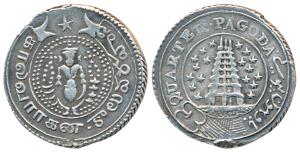 Silver ¼ Pagoda, 10.4g, 2nd issue, 1808, value in English and Persian on ribbon around Gop