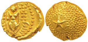 Star Gold Pagoda, 3.38g, single Swami (Balaji-Tirupati) standing, facing front on obv; sta