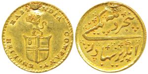 Gold Rupees 5 or 1/3 Mohur, 3.92g, obv. company arms with a lion holding a crown, rev. Per