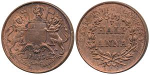 Copper ½ Anna, 1835, Calcutta Mint, coat of arms of the EIC and date on obv., value within