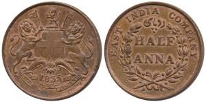 Copper ½ Anna, 1835, Madras Mint, coat of arms of the EIC and date on obv., value within w