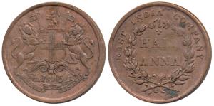 Copper ½ Anna, 1845, Calcutta Mint, coat of arms of the EIC and date on obv., value within