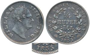 William IV, Silver ¼ Rupee, 1835, Calcutta Mint, F incuse, 3 engraved over 5 in date, Wrea