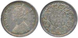 Victoria Queen, Silver 2 Annas, 1862. Tiny knick at nine o’clock, otherwise Uncirculated w
