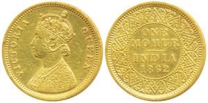Victoria Queen, Gold Mohur, 1862, single flower in bottom panel of jabot, without V in Jab