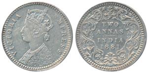 Victoria Empress, Silver 2 Annas, 1881, Calcutta Mint, B / II / C incuse, (Prid 496). Abou