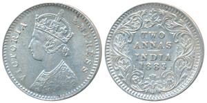 Victoria Empress, Silver 2 Annas, 1883, Calcutta Mint, B / II / C incuse, (Prid 498). Abou