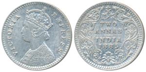 Victoria Empress, Silver 2 Annas, 1885, Calcutta Mint, B / II / C incuse, (Prid 500). Abou