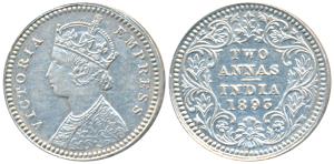 Victoria Empress, Silver 2 Annas, 1893, Calcutta Mint, B / II / C incuse (Prid 508). Uncir