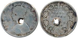 Victoria Empress, Silver ½ Rupee, 1880, Calcutta Mint, A / I / C incuse, (Prid 264). A hol