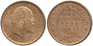 Edward VII, Bronze ¼ Anna, 1908, Calcutta Mint, (Prid 653). About Uncirculated.